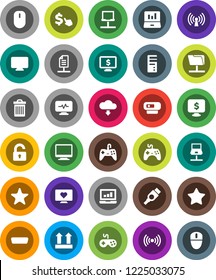 White Solid Icon Set- trash bin vector, laptop graph, monitor dollar, cursor, heart, top sign, gamepad, favorites, hdmi, diagnostic, notebook network, folder, cloud download, document, unlock, mouse