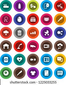 White Solid Icon Set- trash bin vector, window cleaning, plates, toilet paper, cook glove, microwave oven, egg, pen, dollar cursor, stadium, jump rope, t shirt, water bottle, warehouse, sorting