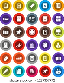 White Solid Icon Set- trash bin vector, shining window, pencil, clipboard, paper pin, archive, exam, manager, binder, phone, receipt, sorting, thumbtack, medical room, network folder, attachment