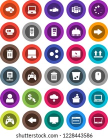 White Solid Icon Set- trash bin vector, student, notebook pc, dollar cursor, top sign, gamepad, cloud lock, server, browser, lan connector, share, arrow, download, loading, network document, user
