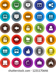 White Solid Icon Set- trash bin vector, student, notebook pc, dollar cursor, favorites, hdmi, diagnostic monitor, server, network folder, cloud exchange, big data, browser, lan connector, share