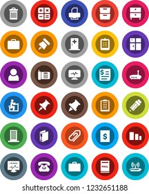 White Solid Icon Set- trash bin vector, shining window, pencil, student, case, clipboard, paper pin, archive, binder, phone, receipt, sorting, thumbtack, diagnostic monitor, medical room, router