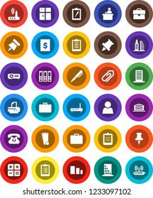 White Solid Icon Set- trash bin vector, shining window, student, case, pen, clipboard, paper pin, binder, phone, receipt, sorting, thumbtack, router, attachment, user, office building, calculator