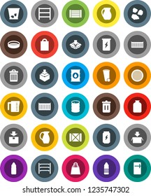 White Solid Icon Set- trash bin vector, garbage pile, measuring cup, jug, sieve, jar, enegry drink, water bottle, sea container, wood box, package, oil barrel, shelving, shopping bag, fridge