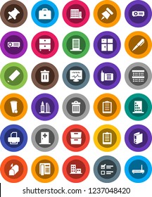 White Solid Icon Set- trash bin vector, shining window, pencil, case, pen, paper pin, archive, exam, binder, clipboard, phone, diagnostic monitor, medical room, apartments, office building, mailbox