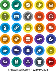 White Solid Icon Set- trash bin vector, double boiler, medal, magnet, exchange, hierarchy, roller Skates, truck trailer, delivery, calendar, dry cargo, no hook, remote control, link, flask, scissors