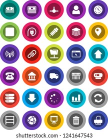 White Solid Icon Set- trash bin vector, pencil, presentation, university, graph, cash, arrow down, up, phone, clock, shelving, backward button, connect, connection, network folder, big data, browser