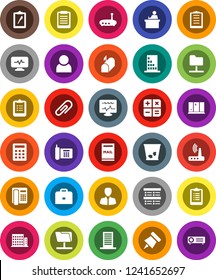 White Solid Icon Set- trash bin vector, shining window, student, case, clipboard, paper pin, exam, manager, phone, diagnostic monitor, network folder, router, attachment, user, mailbox, apartments
