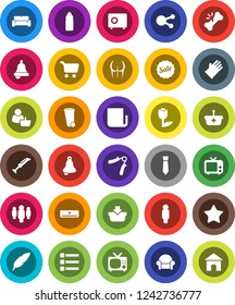 White Solid Icon Set- trash bin vector, rubber glove, pen, bell, cart, man, tie, safe, hand trainer, buttocks, water bottle, tulip, newspaper, tv, social media, favorites, broken bone, menu, sale