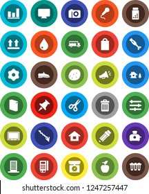 White Solid Icon Set- trash bin vector, water drop, washing powder, blender, potato, pencil, apple fruit, scissors, school bus, graph, crisis, pills vial, snickers, top sign, thumbtack, gear, house