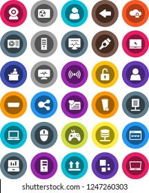 White Solid Icon Set- trash bin vector, student, notebook pc, laptop graph, heart monitor, support, top sign, gamepad, hdmi, diagnostic, network server, cloud lock, browser, share, arrow, loading