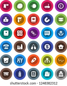 White Solid Icon Set- trash bin vector, drying clothes, house hold, kettle, cookbook, plates, potato, magnet, constellation, boxing glove, phone 24, clock, remote control, insemination, chromosomes