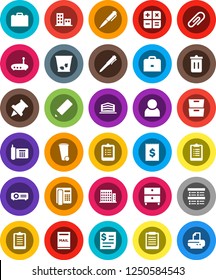 White Solid Icon Set- trash bin vector, pencil, case, pen, clipboard, paper pin, archive, exam, phone, receipt, router, attachment, user, mailbox, apartments, office building, calculator, projector