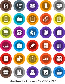 White Solid Icon Set- trash bin vector, shining window, student, case, clipboard, paper pin, exam, binder, phone, sorting, classic, thumbtack, diagnostic monitor, medical room, network folder, user