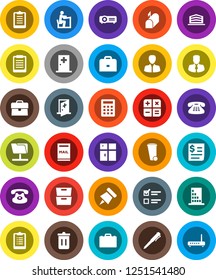 White Solid Icon Set- trash bin vector, shining window, student, case, pen, clipboard, paper pin, archive, exam, manager, receipt, classic phone, medical room, network folder, mailbox, calculator