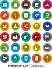 White Solid Icon Set- trash bin vector, window cleaning, sprayer, toilet paper, water closet, garbage pile, scales, turk coffee, jar, case, presentation, flask, target, dollar flag, molecule, open