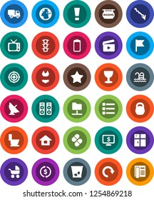 White Solid Icon Set- trash bin vector, toilet, shining window, flag, exchange, crisis, monitor dollar, weight, swimsuite, target, pool, earth, traffic light, glass, satellite antenna, cinema clap