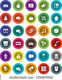 White Solid Icon Set- trash bin vector, splotch, toilet paper, egg, apple fruit, bell, certificate, music, piggy bank, arrow up, dollar calendar, earth, no trolley, hook, tulip, microphone, fence