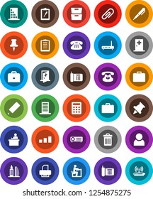 White Solid Icon Set- trash bin vector, pencil, student, case, pen, paper pin, archive, phone, clipboard, sorting, classic, thumbtack, medical room, attachment, user, office building, calculator