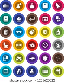 White Solid Icon Set- trash bin vector, toilet, paper, blackboard, notebook pc, constellation, dollar flag, scales, skateboard, money, clock, wood box, flammable, barcode, satellite antenna, gamepad