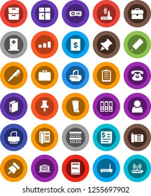 White Solid Icon Set- trash bin vector, shining window, pencil, pen, paper pin, archive, exam, case, binder, receipt, clipboard, sorting, classic phone, thumbtack, medical room, router, user