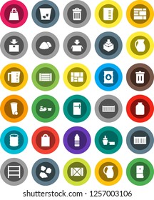 White Solid Icon Set- trash bin vector, garbage pile, measuring cup, jug, jar, water bottle, sea container, port, wood box, consolidated cargo, package, oil barrel, shelving, shopping bag, fridge