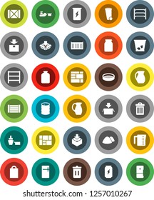 White Solid Icon Set- trash bin vector, garbage pile, measuring cup, jug, sieve, jar, enegry drink, sea container, port, wood box, consolidated cargo, package, oil barrel, shelving, shopping bag