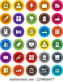 White Solid Icon Set- trash bin vector, shining window, pencil, student, pen, clipboard, exam, manager, case, phone, sorting, thumbtack, diagnostic monitor, medical room, network folder, router