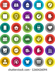 White Solid Icon Set- trash bin vector, cook timer, backpack, bell, presentation, pie graph, manager, dollar cursor, weight, video camera, mobile phone, heart, pause button, rec, pills, big data