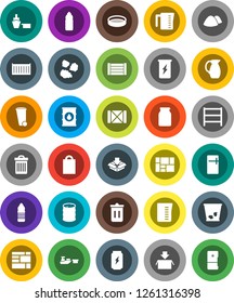 White Solid Icon Set- trash bin vector, garbage pile, measuring cup, jug, sieve, jar, enegry drink, water bottle, sea container, port, wood box, consolidated cargo, oil barrel, shelving, package