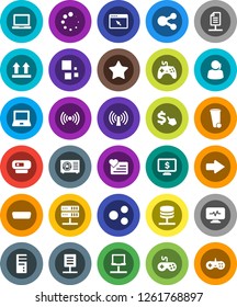 White Solid Icon Set- trash bin vector, notebook pc, monitor dollar, cursor, heart, support, top sign, gamepad, favorites, hdmi, diagnostic, network, server, browser, share, arrow, loading, document