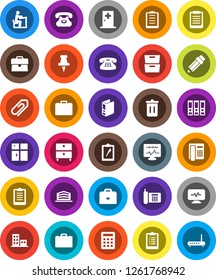 White Solid Icon Set- trash bin vector, shining window, pencil, student, case, clipboard, archive, binder, phone, classic, thumbtack, diagnostic monitor, medical room, attachment, apartments, router