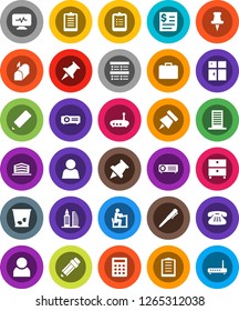 White Solid Icon Set- trash bin vector, shining window, pencil, student, pen, clipboard, paper pin, archive, exam, case, receipt, classic phone, thumbtack, diagnostic monitor, router, user, mailbox
