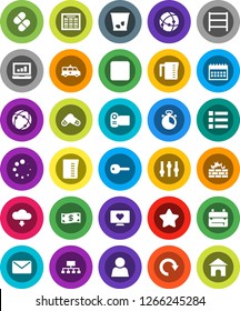 White Solid Icon Set- trash bin vector, measuring cup, cook timer, backpack, schedule, laptop graph, hierarchy, calendar, heart monitor, shelving, settings, forward button, pills, amkbulance car