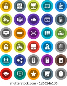 White Solid Icon Set- trash bin vector, student, notebook pc, laptop graph, monitor dollar, cursor, support, top sign, gamepad, favorites, hdmi, diagnostic, server, network folder, cloud exchange
