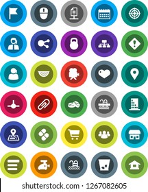 White Solid Icon Set- trash bin vector, colander, flag, cart, hierarchy, calendar, target, pool, navigator, map pin, support, weight, video camera, social media, group, heart, pills, connect, menu