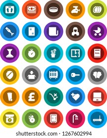 White Solid Icon Set- trash bin vector, car fetlock, window cleaning, cleaner woman, blender, plates, sieve, safe, pound, scales, stopwatch, boxing glove, heart cross, money, no trolley, music hit