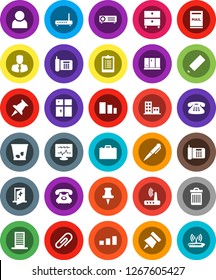 White Solid Icon Set- trash bin vector, shining window, pencil, case, pen, paper pin, archive, manager, clipboard, phone, sorting, classic, thumbtack, diagnostic monitor, medical room, router, user