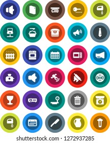 White Solid Icon Set- trash bin vector, washing powder, knife, rolling pin, mixer, jug, tie, calendar, glass, big scales, satellitie, speaker, loudspeaker, notebook network, globe, heating, password