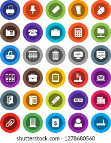 White Solid Icon Set- trash bin vector, pencil, case, clipboard, exam, binder, receipt, classic phone, thumbtack, diagnostic monitor, medical room, network folder, router, attachment, user, mailbox