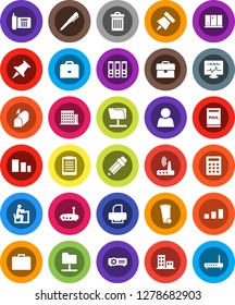 White Solid Icon Set- trash bin vector, shining window, pencil, student, case, pen, clipboard, paper pin, binder, phone, sorting, thumbtack, diagnostic monitor, network folder, router, user, mailbox