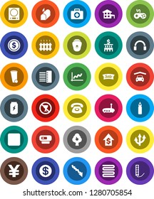 White Solid Icon Set- trash bin vector, towel, dollar coin, graph, crisis, growth, bank building, yen sign, punching bag, enegry drink, no alcohol, first aid kit, gamepad, headphones, stop button