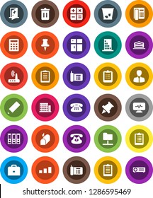 White Solid Icon Set- trash bin vector, shining window, pencil, case, clipboard, paper pin, manager, binder, phone, sorting, classic, thumbtack, diagnostic monitor, medical room, network folder