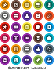 White Solid Icon Set- trash bin vector, shining window, pencil, student, case, paper pin, archive, exam, binder, clipboard, receipt, classic phone, thumbtack, diagnostic monitor, network folder