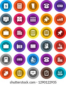 White Solid Icon Set- trash bin vector, shining window, student, case, clipboard, paper pin, archive, binder, phone, receipt, sorting, classic, thumbtack, diagnostic monitor, medical room, router