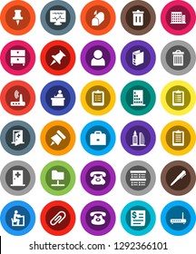 White Solid Icon Set- trash bin vector, student, case, pen, clipboard, paper pin, archive, exam, binder, phone, receipt, classic, thumbtack, diagnostic monitor, medical room, network folder, router