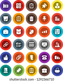 White Solid Icon Set- trash bin vector, pencil, student, case, paper pin, archive, exam, manager, clipboard, phone, receipt, sorting, thumbtack, diagnostic monitor, router, attachment, apartments