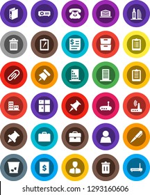 White Solid Icon Set- trash bin vector, shining window, case, pen, paper pin, archive, manager, binder, clipboard, phone, receipt, thumbtack, router, attachment, user, apartments, office building