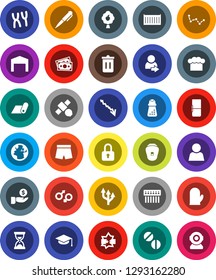 White Solid Icon Set- trash bin vector, cook hat, glove, hand mill, graduate, pen, constellation, crisis, investment, sand clock, shorts, fitness mat, earth, satellite, money, sea container, pills