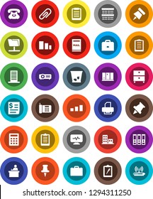 White Solid Icon Set- trash bin vector, shining window, student, case, clipboard, paper pin, archive, exam, binder, phone, receipt, sorting, thumbtack, diagnostic monitor, network folder, attachment